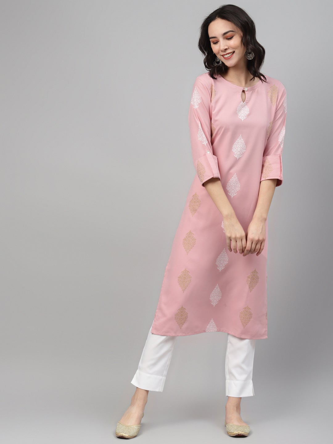 Mindhal Women's Pink Color Screen Print Straight Kurta And Pant Set