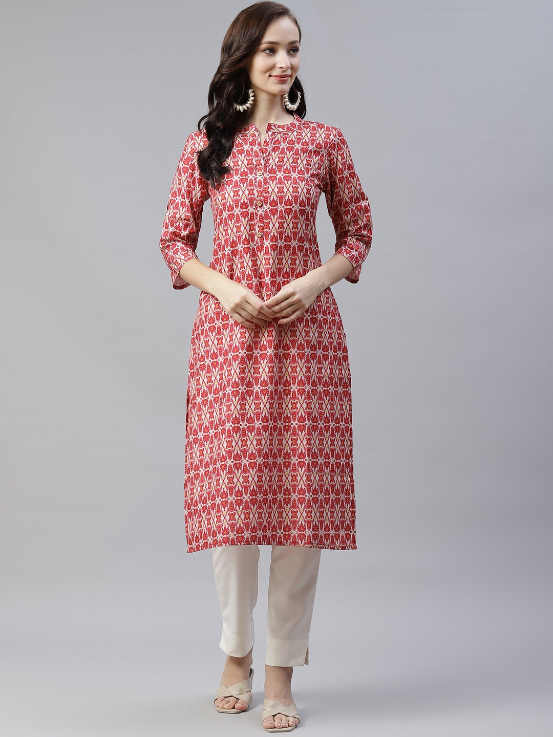 Mindhal Women's Red Color Digital Printed Straight Kurta And Pant Set
