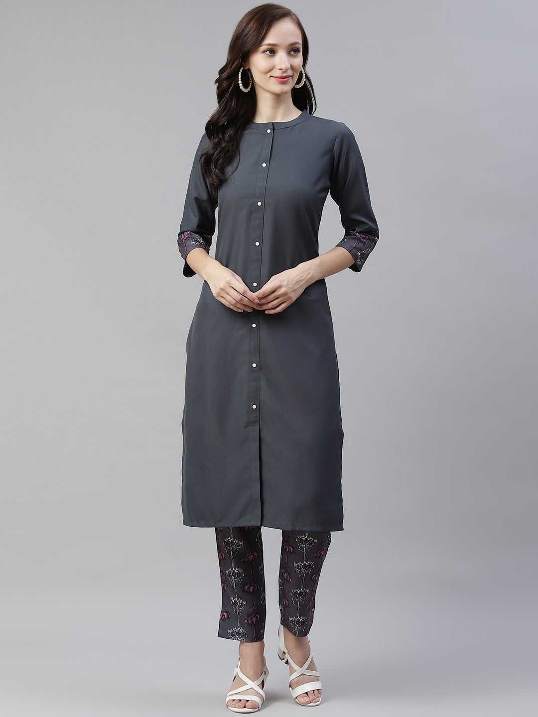 Mindhal Women's Dark Grey Color Dyed Printed Straight Kurta And Pant Set