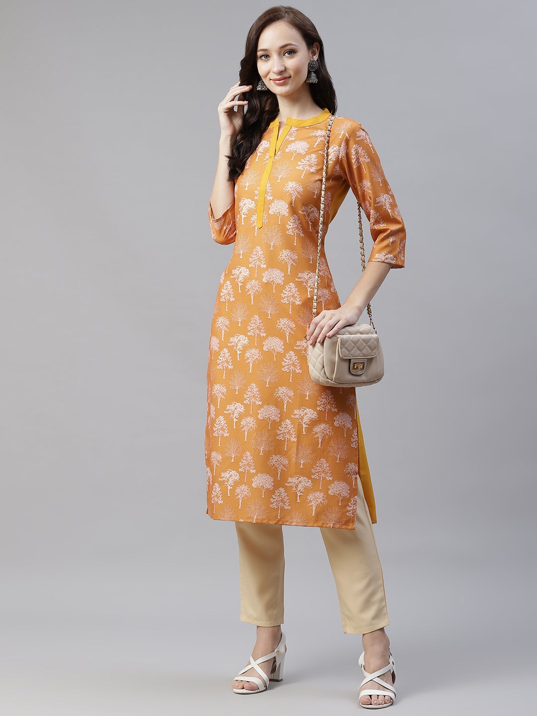 Mindhal Women's Mustard Color Digital Printed Straight Kurta And Pant Set