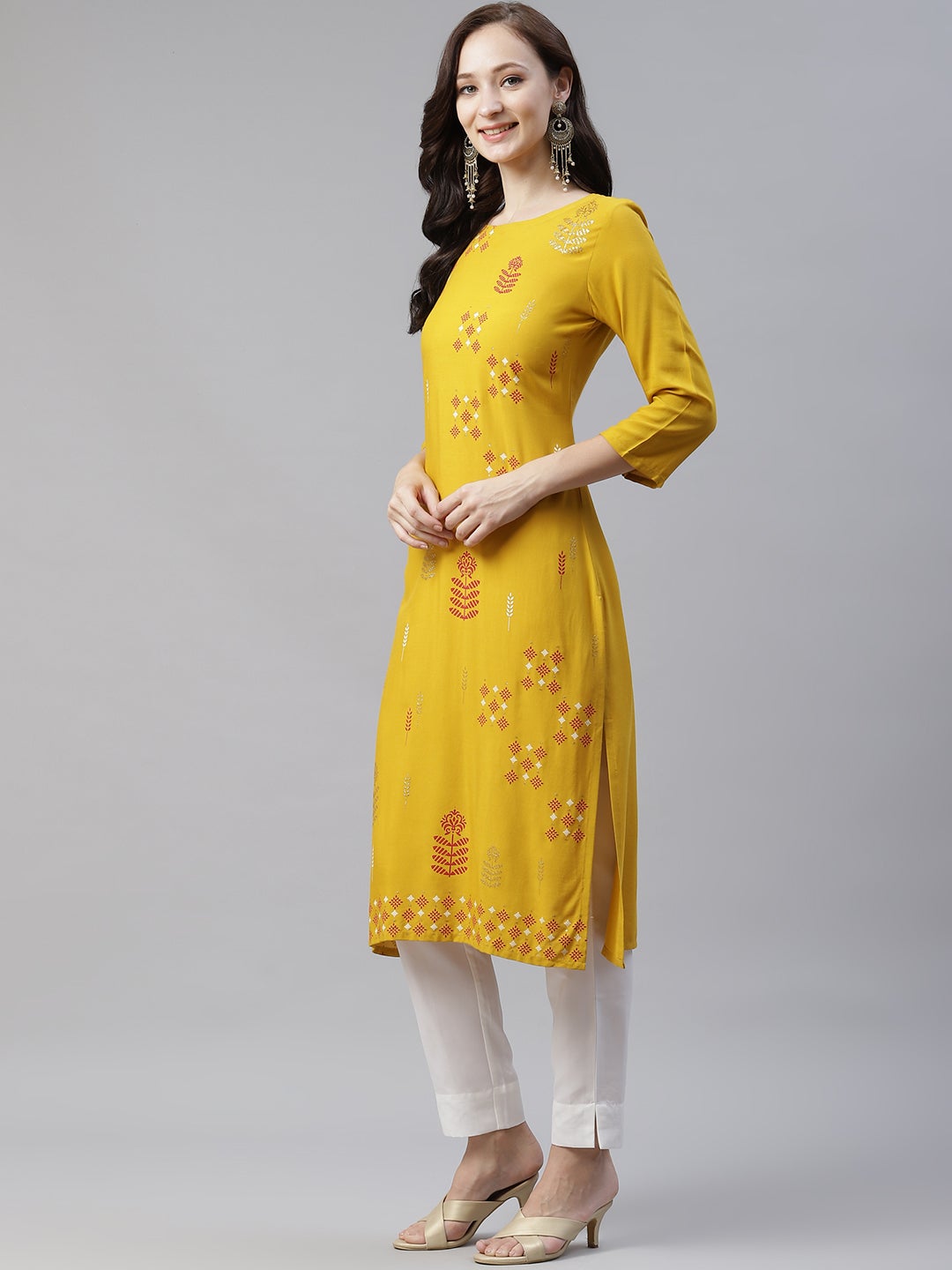 Mindhal Women's Yellow Color Foil Printed Straight Kurta And Pant Set