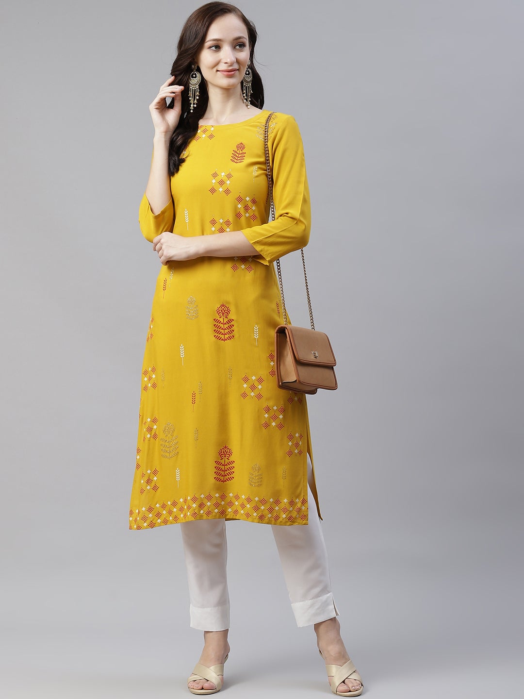 Mindhal Women's Yellow Color Foil Printed Straight Kurta And Pant Set