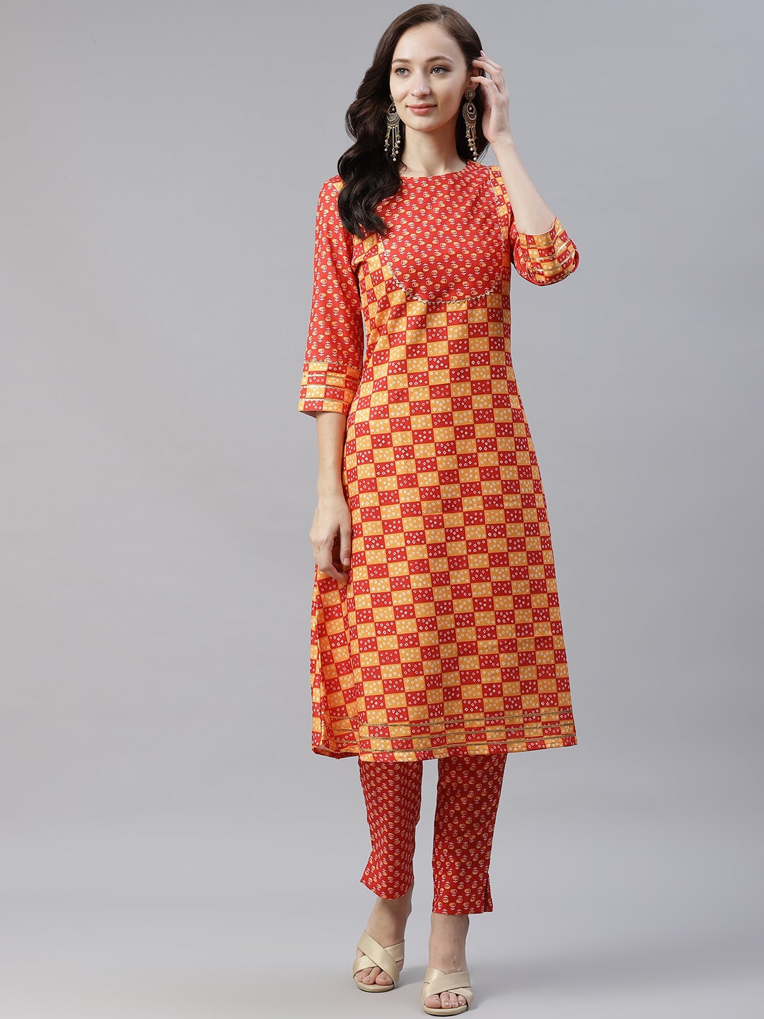 Mindhal Women's Rust Color Digital Printed A-Line Kurta And Pant Set