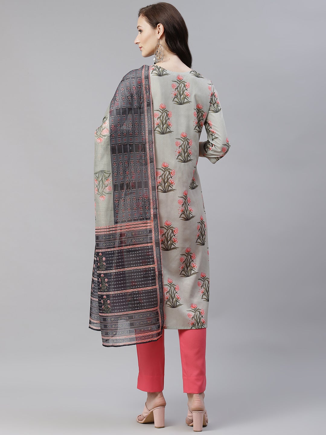 Mindhal Women's Grey Color Digital Printed Straight Kurta,Pant And Dupatta Set