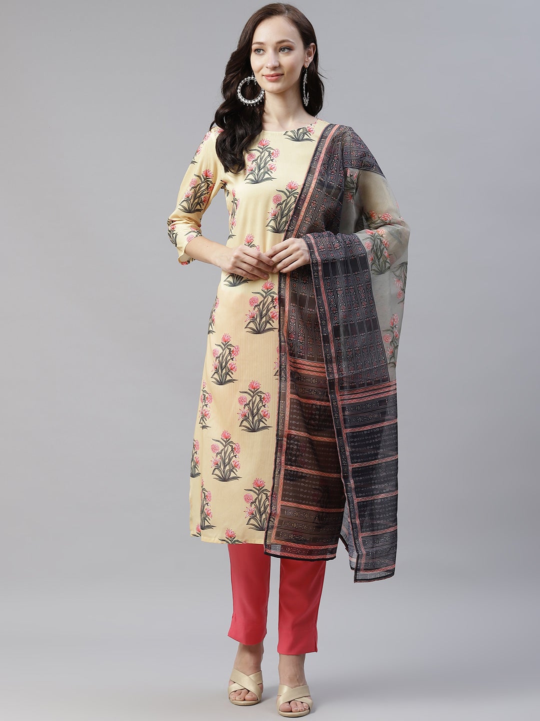 Mindhal Women's Yellow Color Digital Printed Straight Kurta,Pant And Dupatta Set