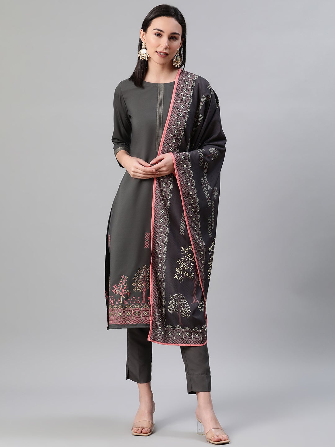 Mindhal Women's Grey Color Foil Print Straight Kurta,Pant And Dupatta Set