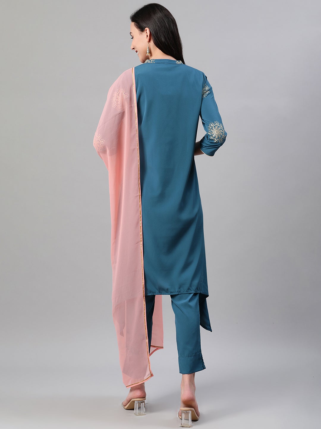 Mindhal Women's Teal Color Foil Print Straight Kurta,Pant And Dupatta Set