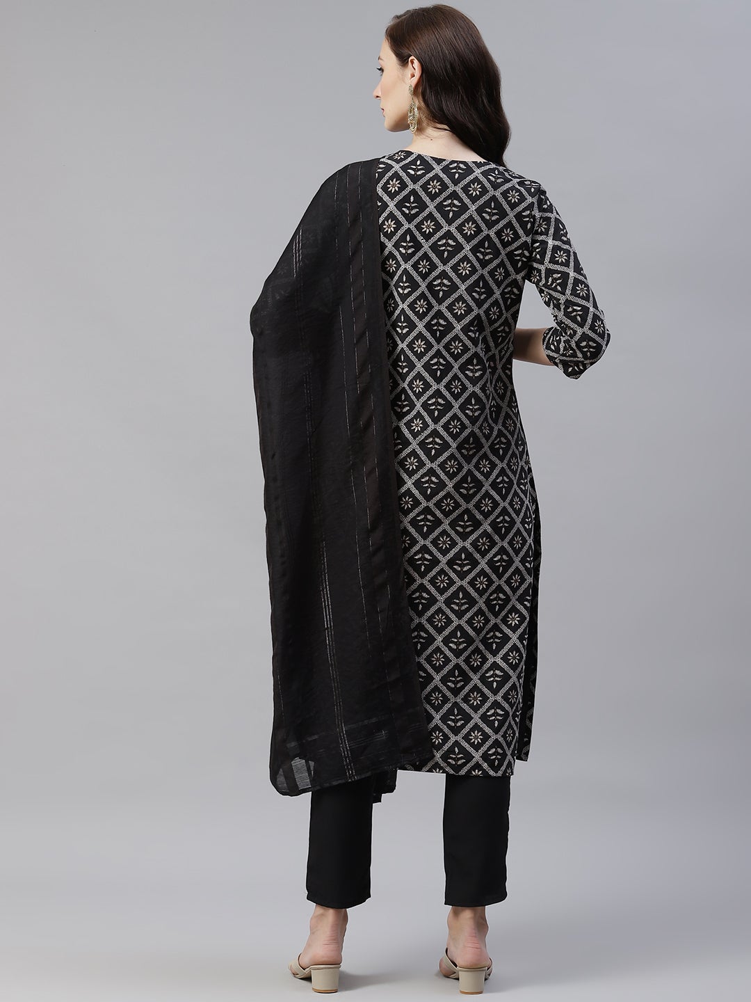 Mindhal Women's Black Color Foil Printed Straight Kurta,Pant And Dupatta Set