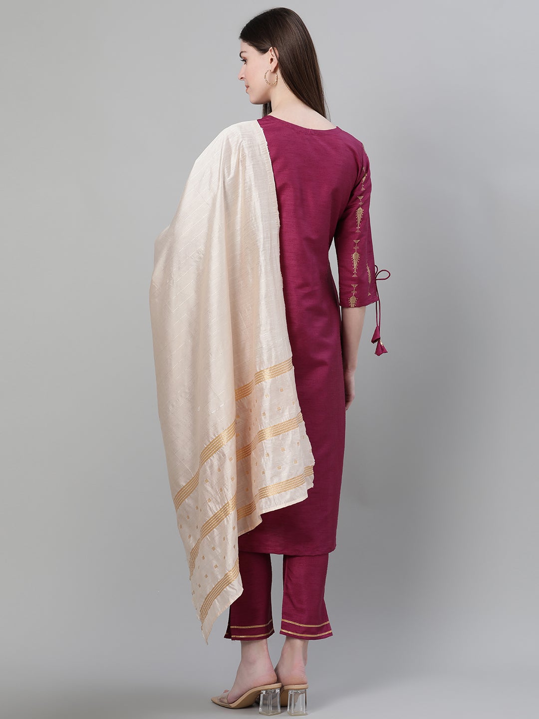 Mindhal Women's Purple Color Foil Print Straight Kurta Pant And Dupatta Set