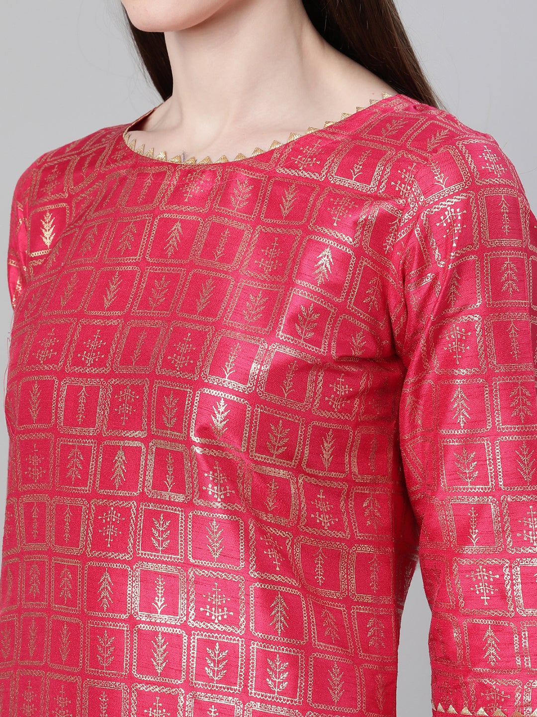 Mindhal Women's Pink Color Foil Print Straight Kurta Palazzo And Dupatta Set
