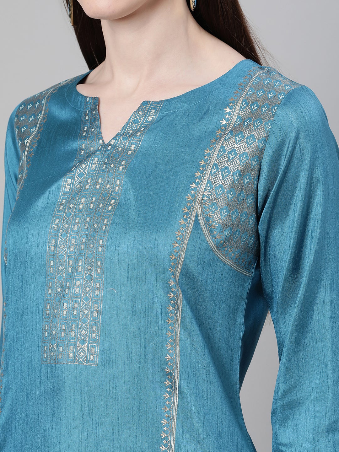 Mindhal Women's Blue Color Foil Print Straight Kurta Pant And Dupatta Set