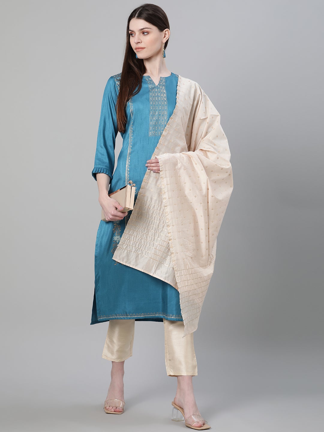 Mindhal Women's Blue Color Foil Print Straight Kurta Pant And Dupatta Set
