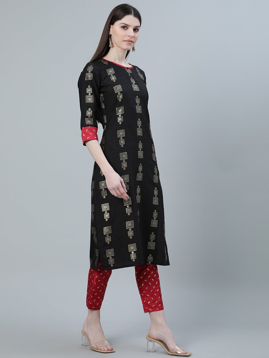 Mindhal Women's Black Color Foil Print Straight Kurta Pant And Dupatta Set