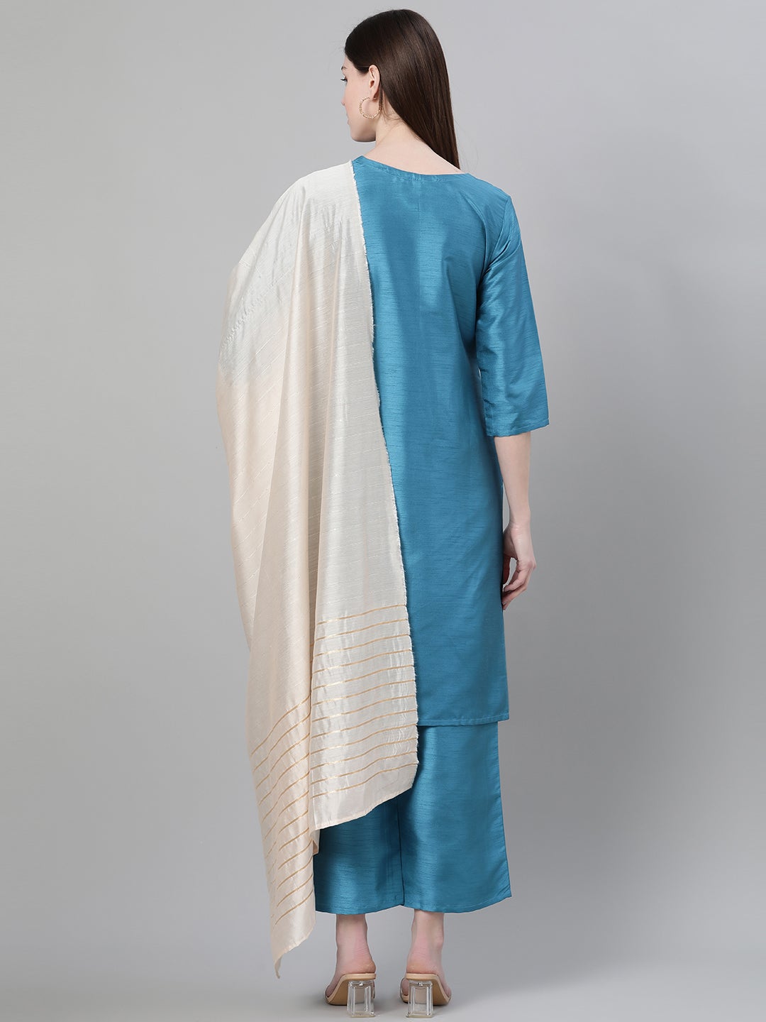 Mindhal Women's Blue Color Dyed Print Straight Kurta Palazzo And Dupatta Set