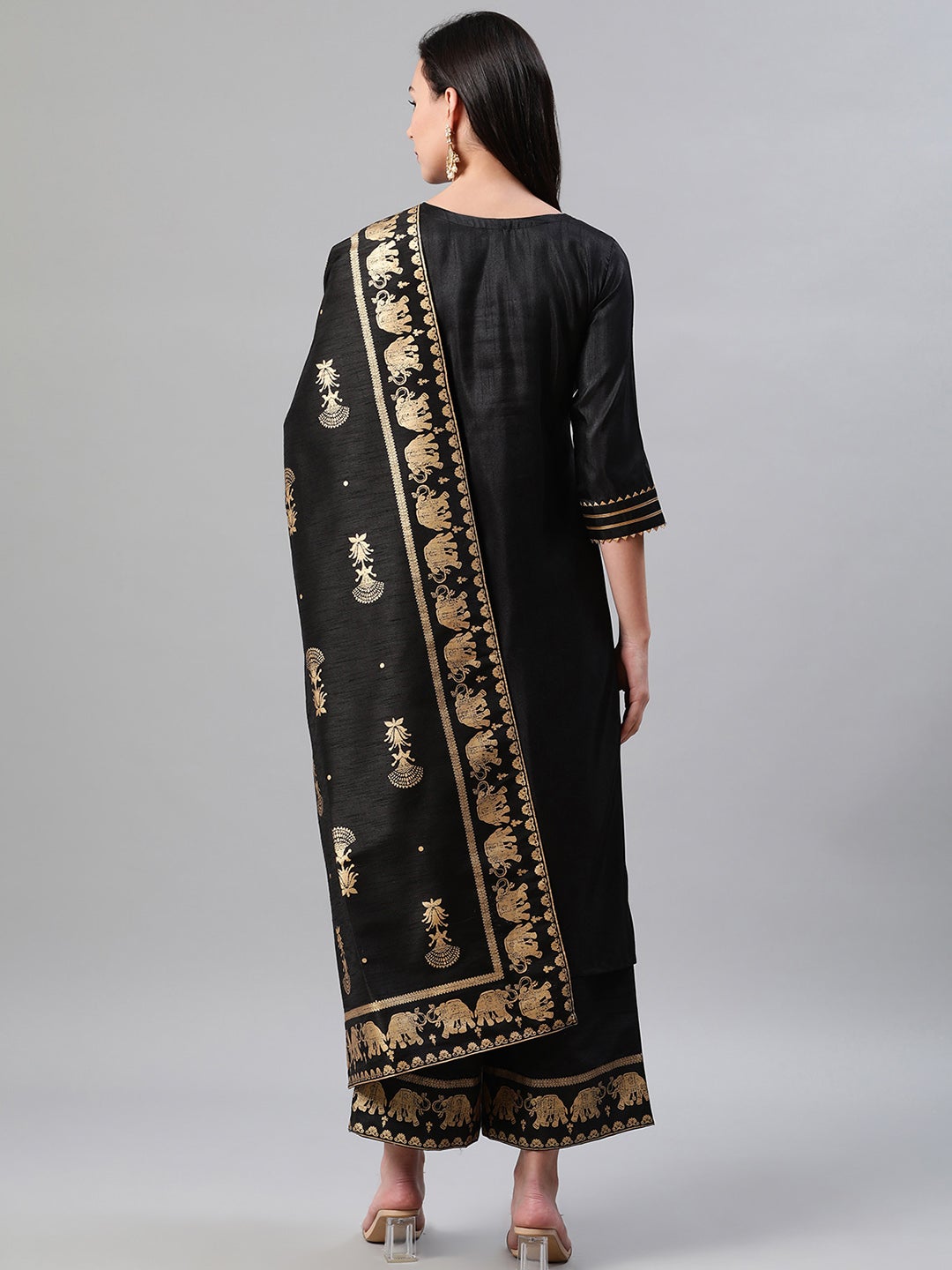 Mindhal Women's Black Color Dyed Straight Kurta,Palazzo And Dupatta Set