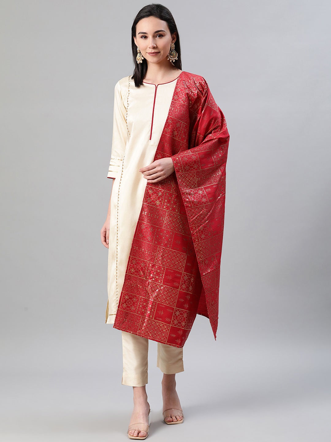 Mindhal Women's Cream Color Dyed Straight Kurta,Pant And Dupatta Set