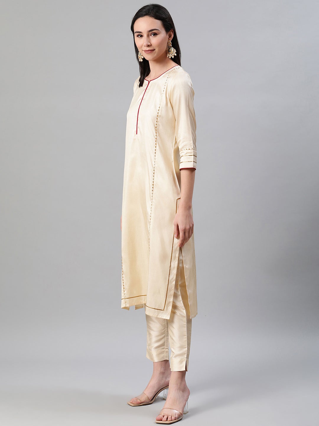 Mindhal Women's Cream Color Dyed Straight Kurta,Pant And Dupatta Set