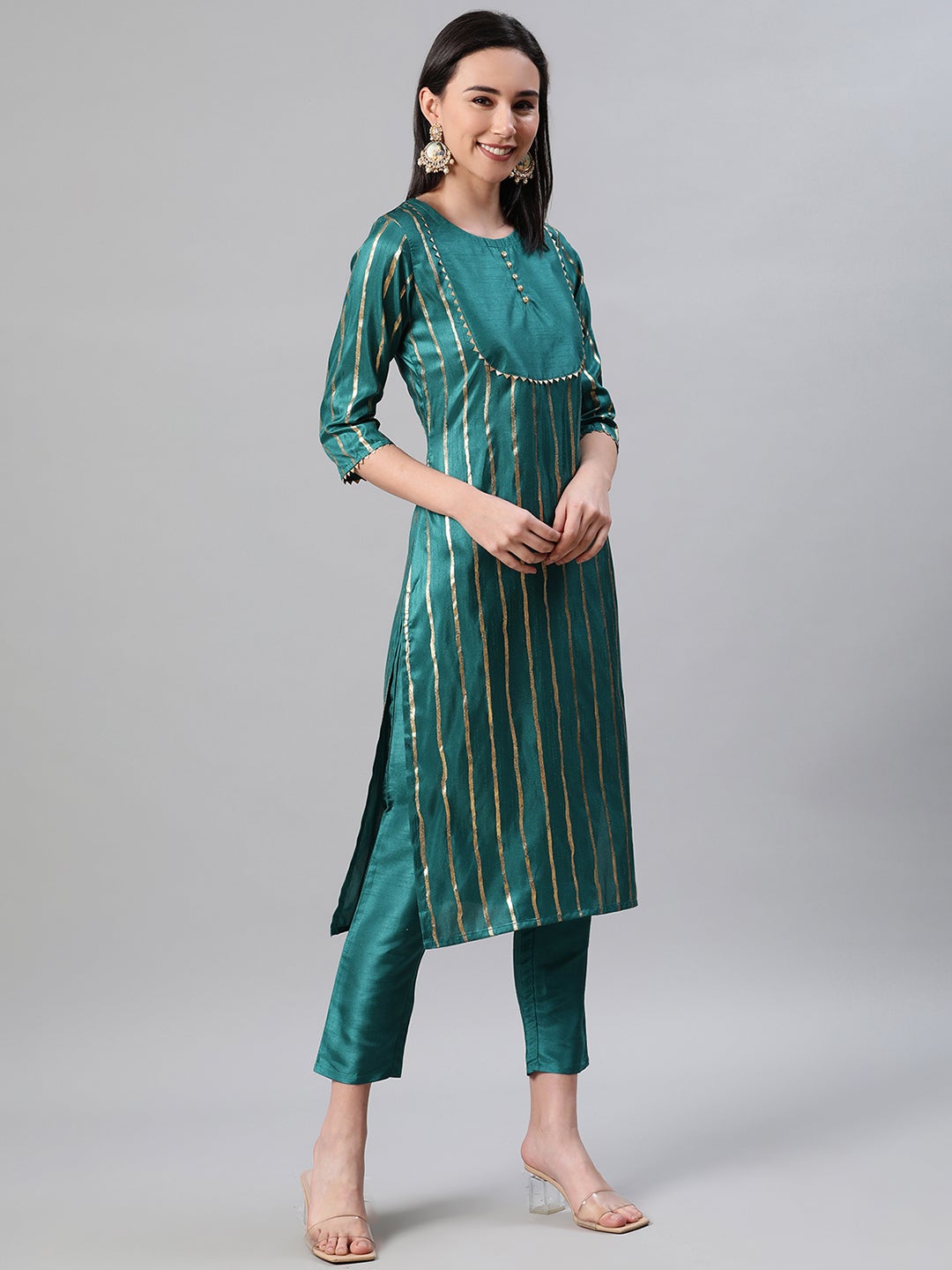 Mindhal Women's Green Color Foil Print Straight Kurta,Pant And Dupatta Set