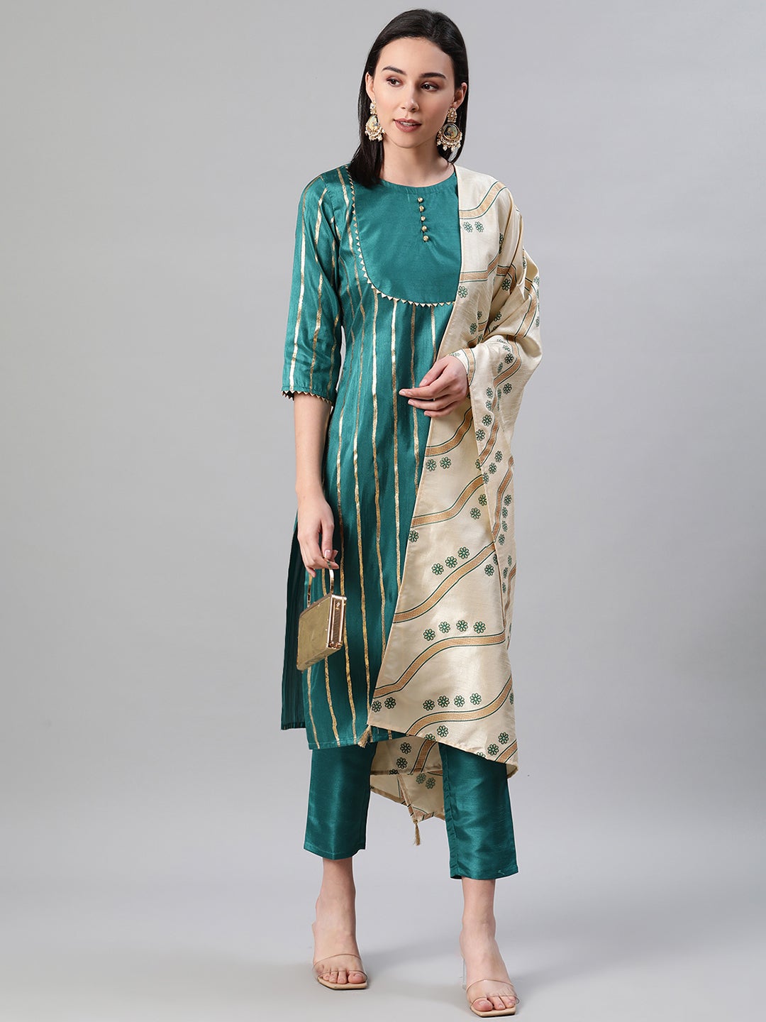 Mindhal Women's Green Color Foil Print Straight Kurta,Pant And Dupatta Set