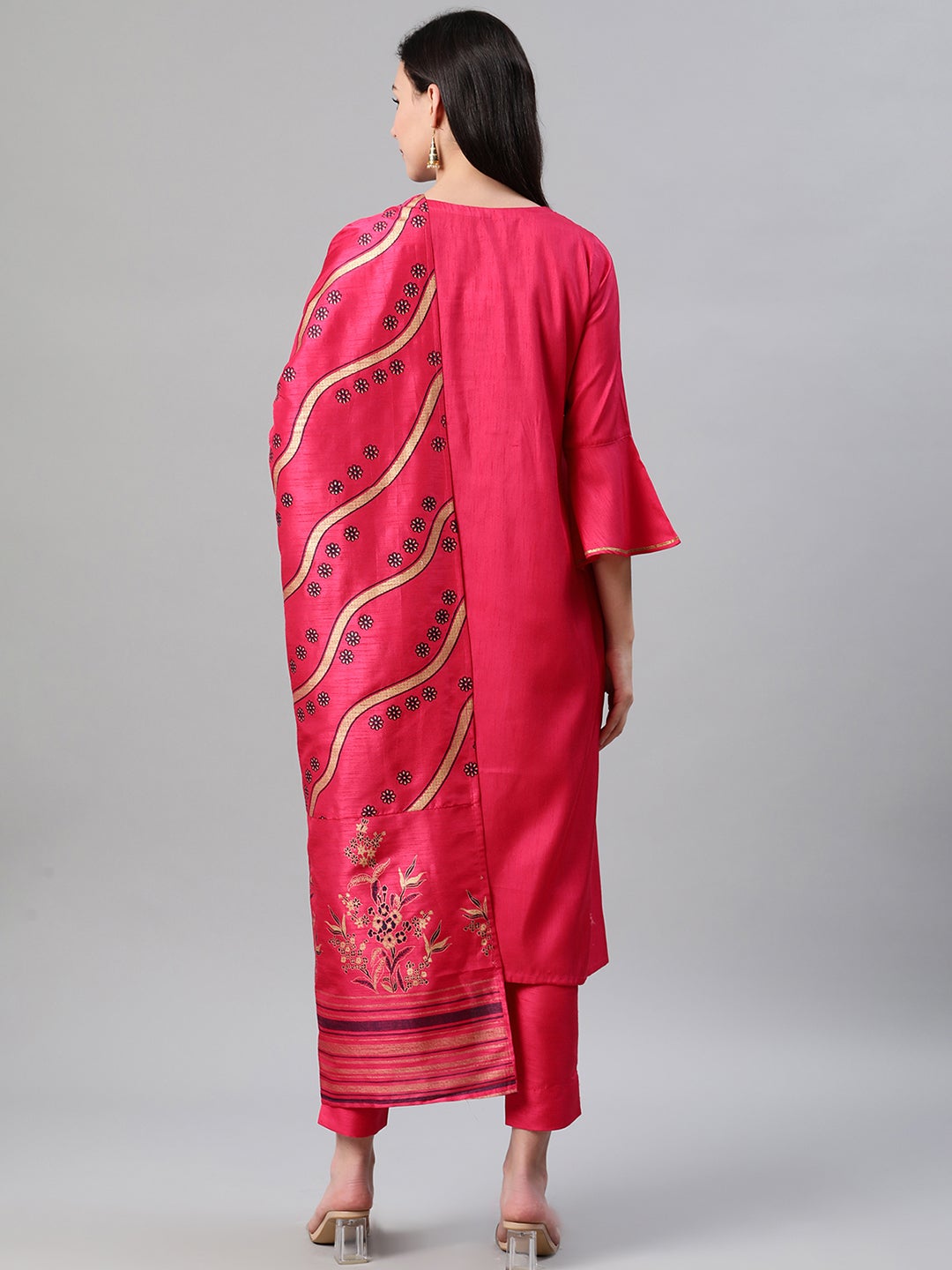 Mindhal Women's Pink Color Foil Print Straight Kurta,Pant And Dupatta Set