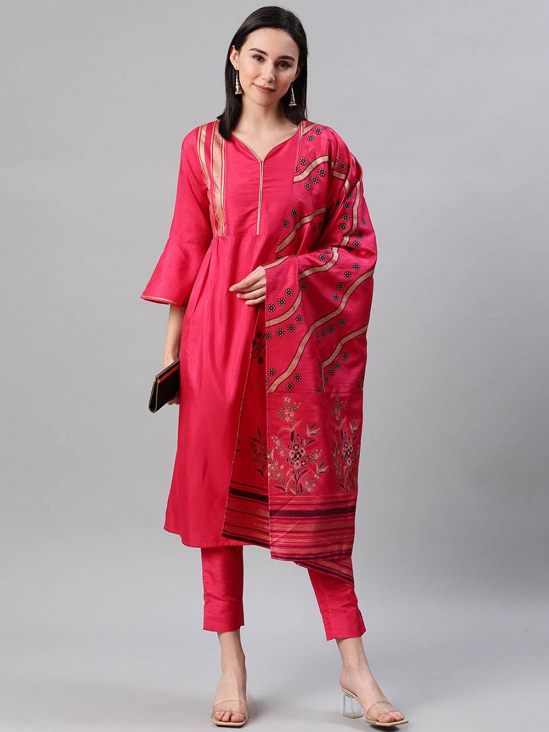 Mindhal Women's Pink Color Foil Print Straight Kurta,Pant And Dupatta Set