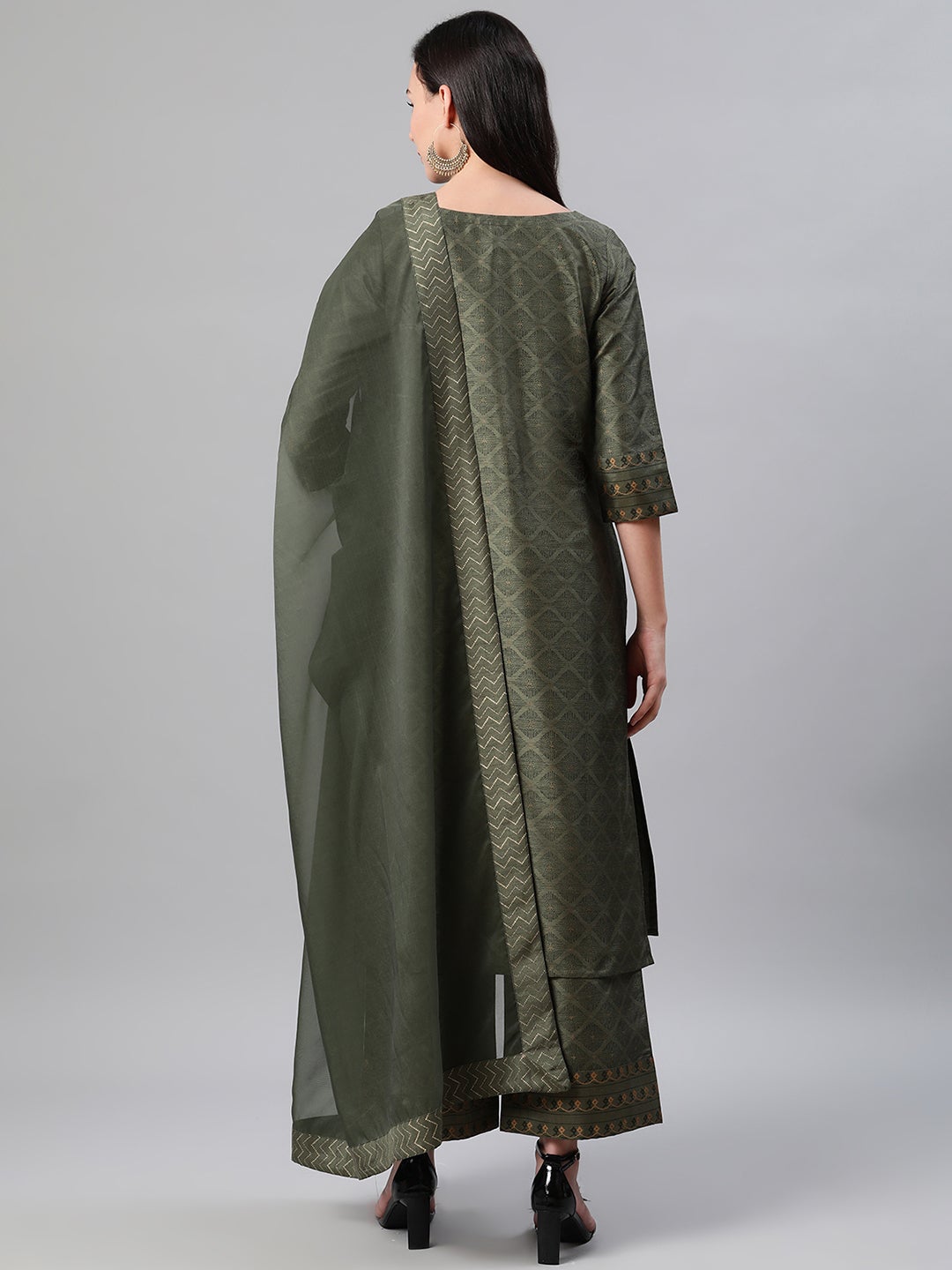 Mindhal Women's Green Color Foil Print Straight Kurta,Palazzo And Dupatta Set