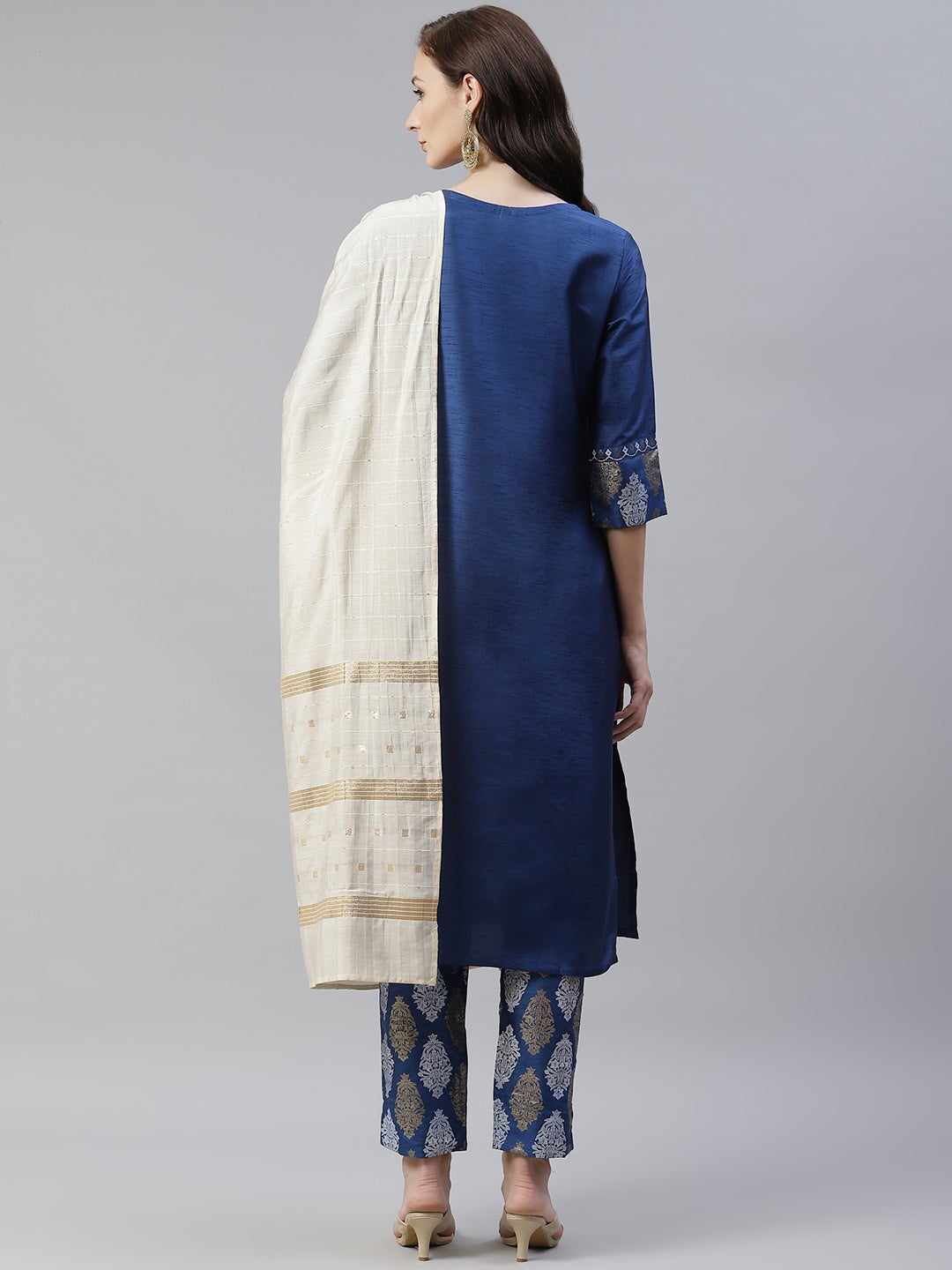 Mindhal Women's Blue Color Dyed Straight Kurta,Pant And Dupatta Set