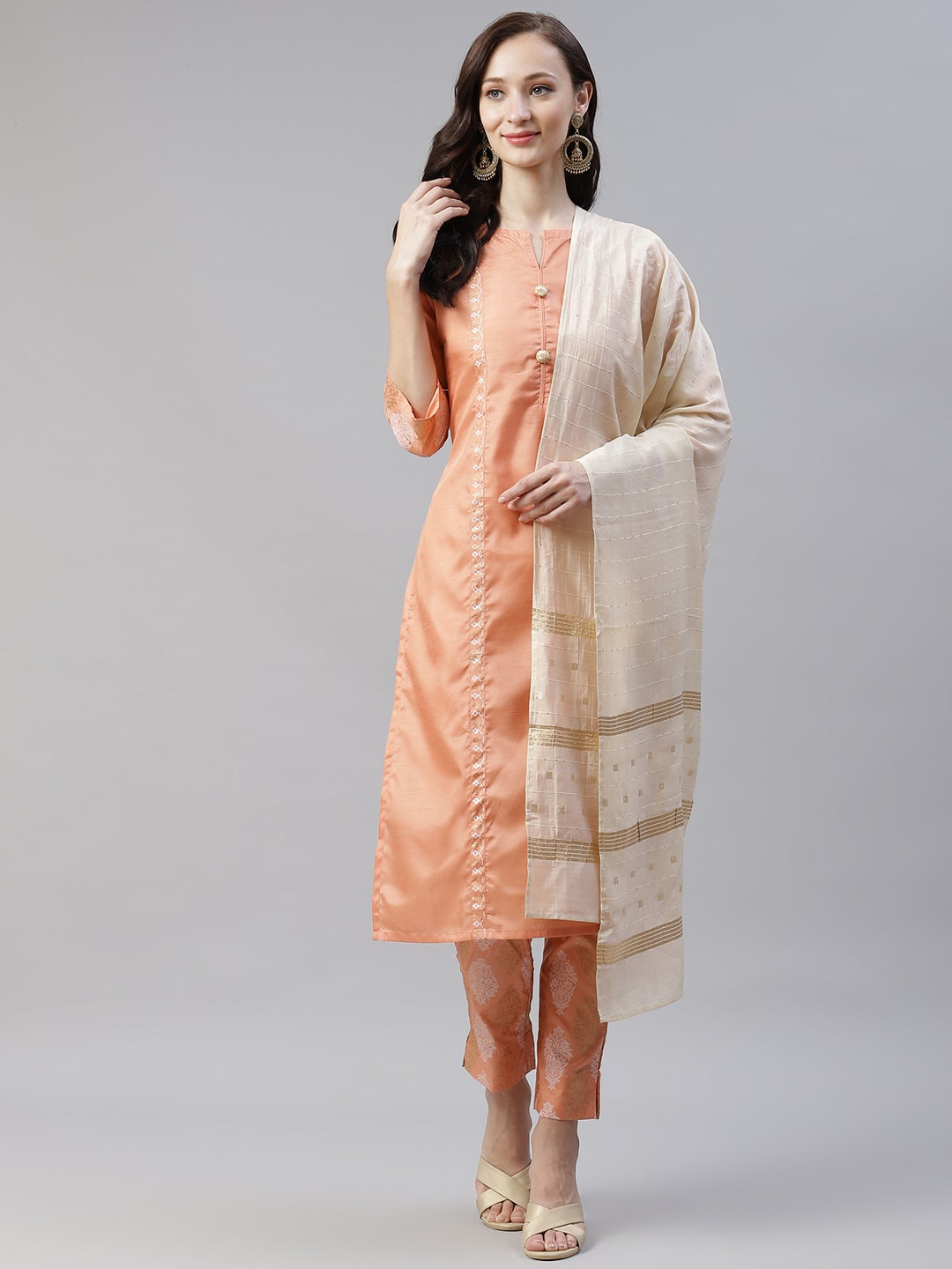 Mindhal Women's Peach Color Dyed Straight Kurta,Pant And Dupatta Set