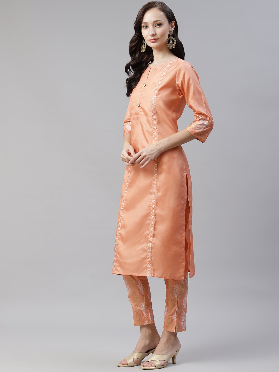 Mindhal Women's Peach Color Dyed Straight Kurta,Pant And Dupatta Set