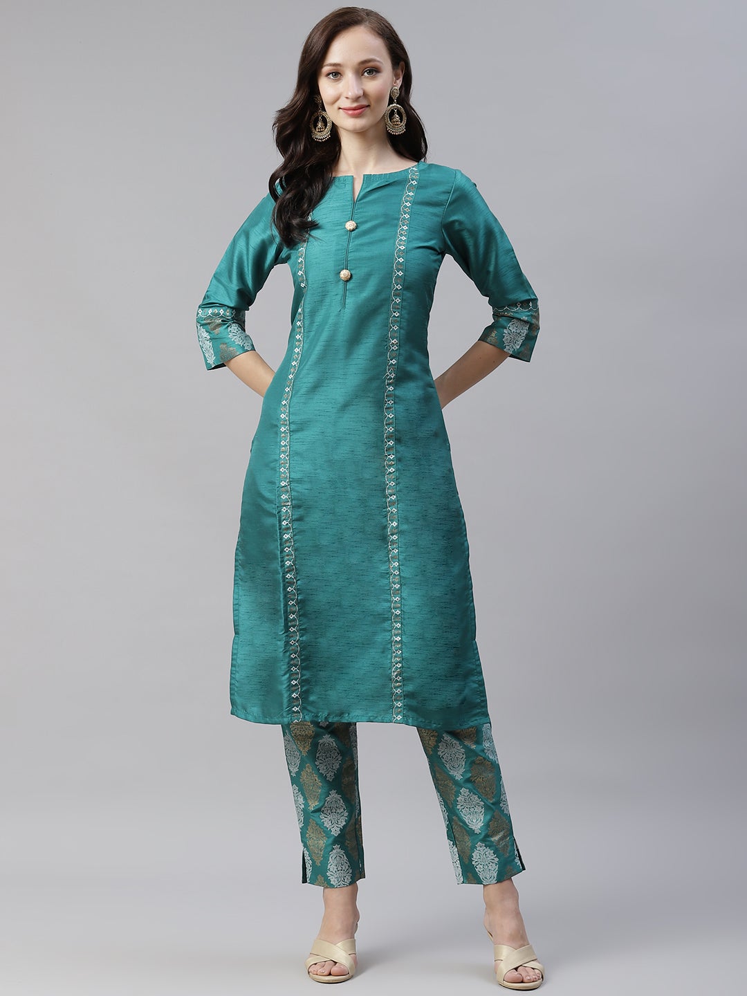 Mindhal Women's Green Color Dyed Straight Kurta,Pant And Dupatta Set