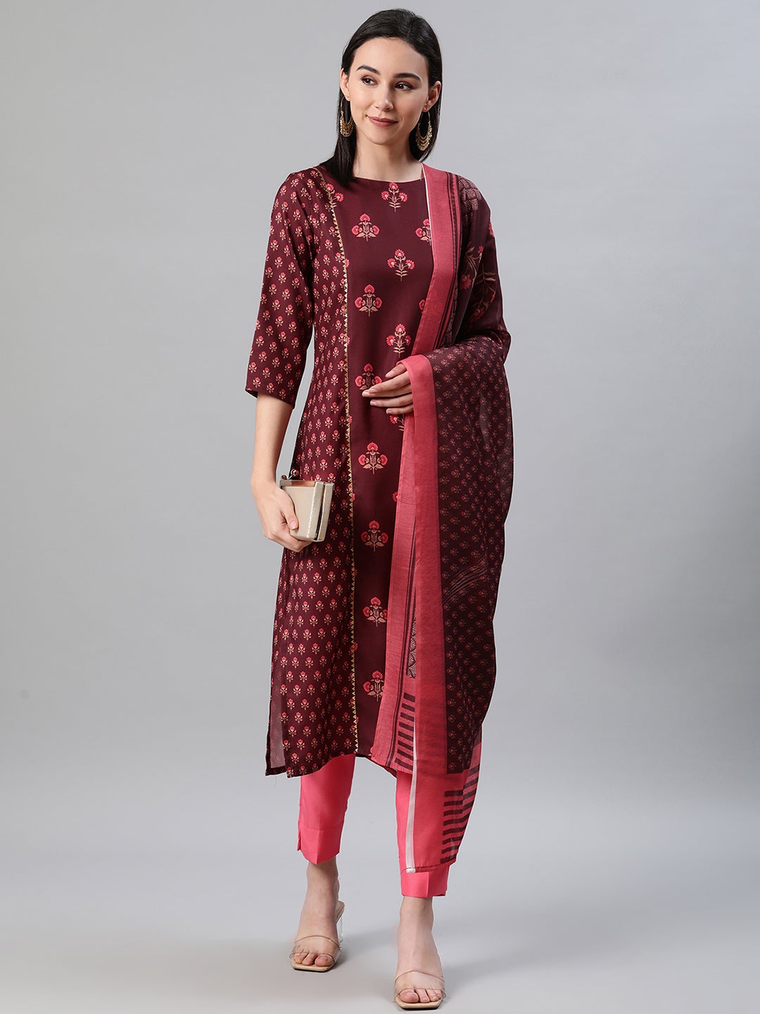 Mindhal Women's Maroon Color Screen Print Straight Kurta,Pant And Dupatta Set