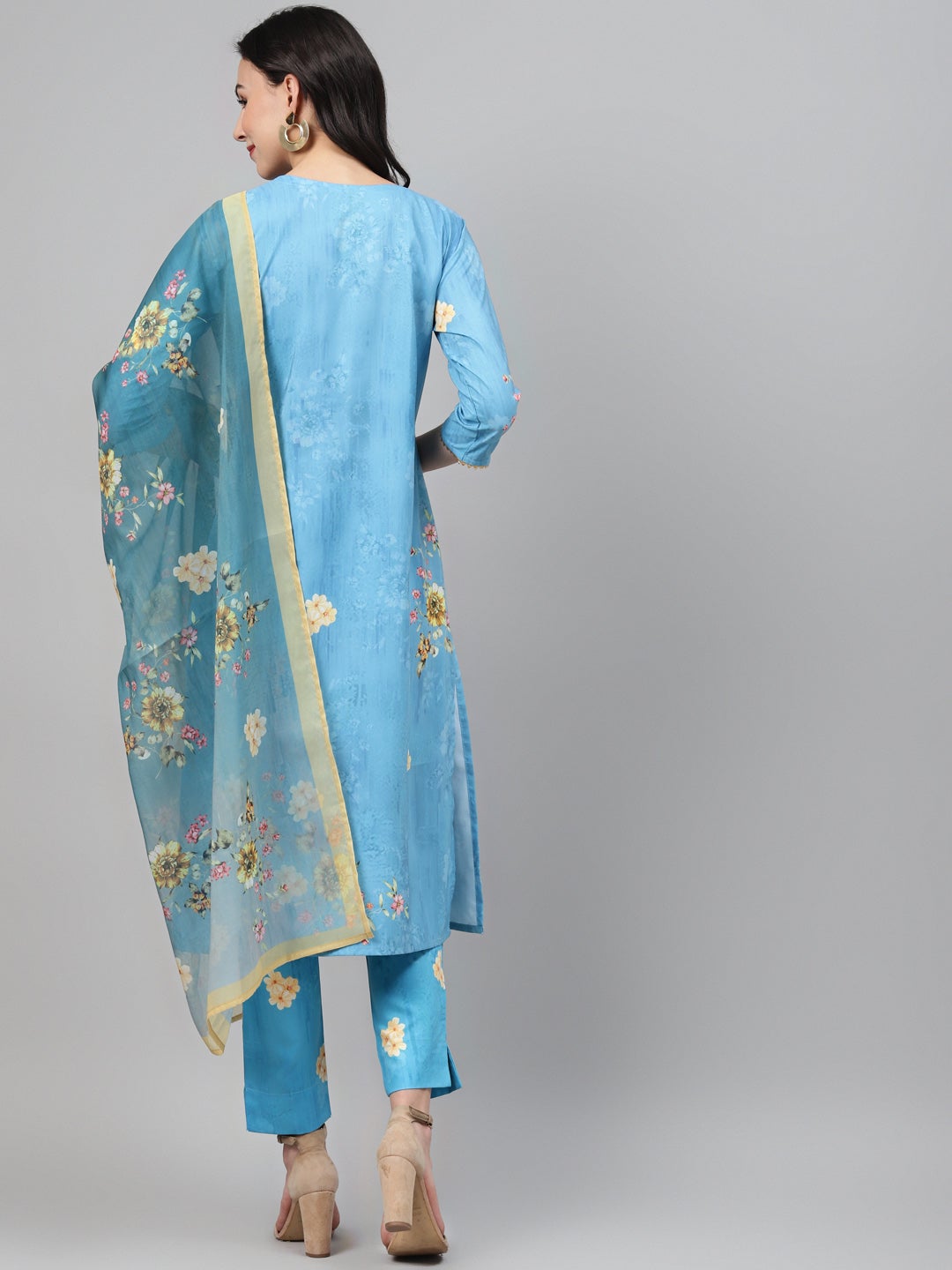 Mindhal Women's Blue Color Screen Print Straight Kurta,Pant And Dupatta Set