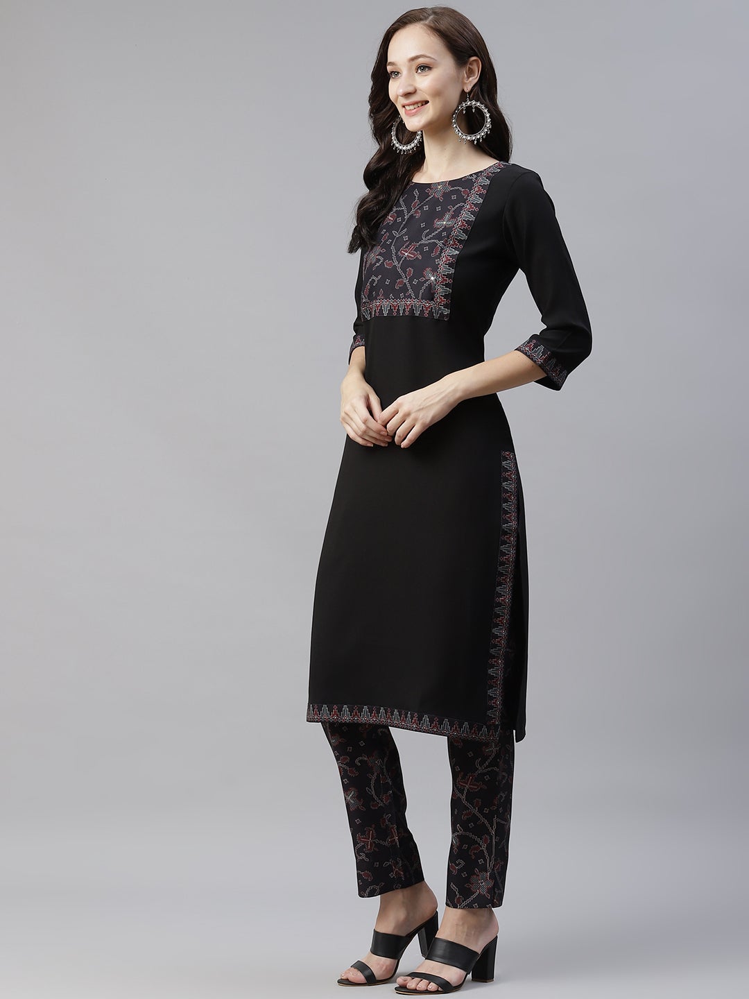 Mindhal Women's Black Color Dyed Straight Kurta,Pant And Dupatta Set