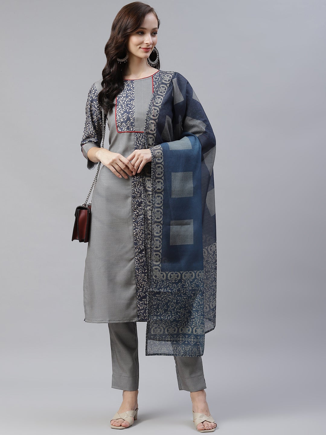 Mindhal Women's Blue Color Digital Printed Straight Kurta,Pant And Dupatta Set