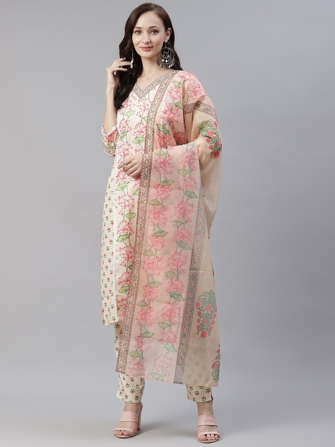 Mindhal Women's Cream Color Digital Printed Straight Kurta,Pant And Dupatta Set