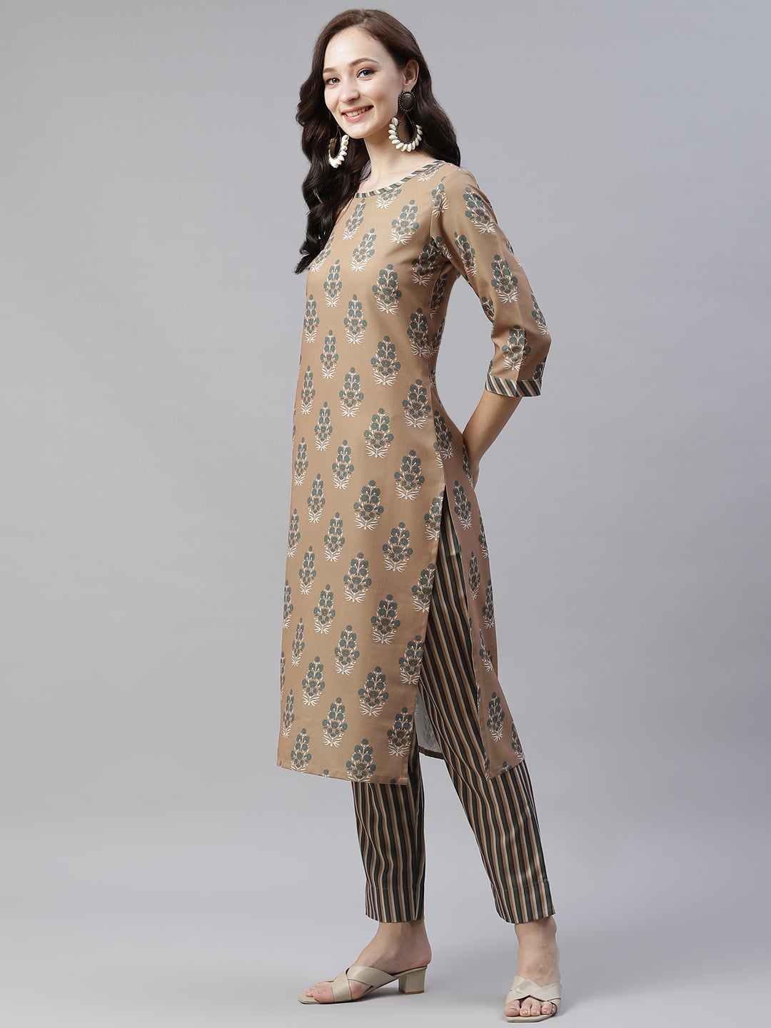Mindhal Women's Brown Color Digital Printed Straight Kurta,Pant And Dupatta Set