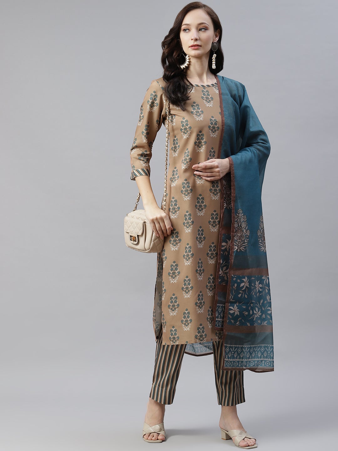 Mindhal Women's Brown Color Digital Printed Straight Kurta,Pant And Dupatta Set