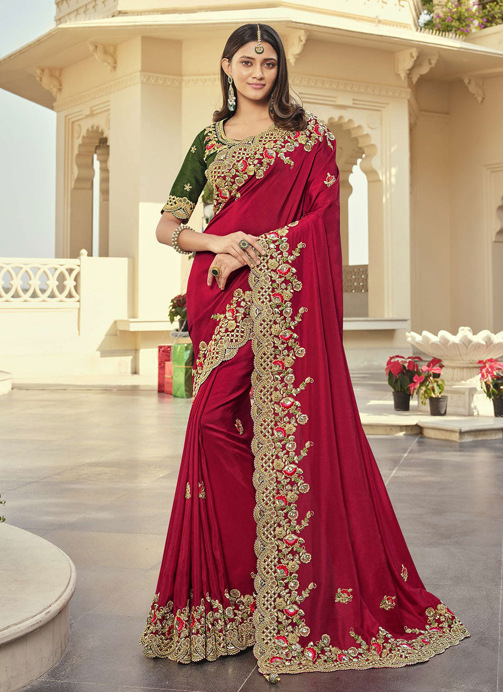 Maroon Embroidered Contemporary Saree