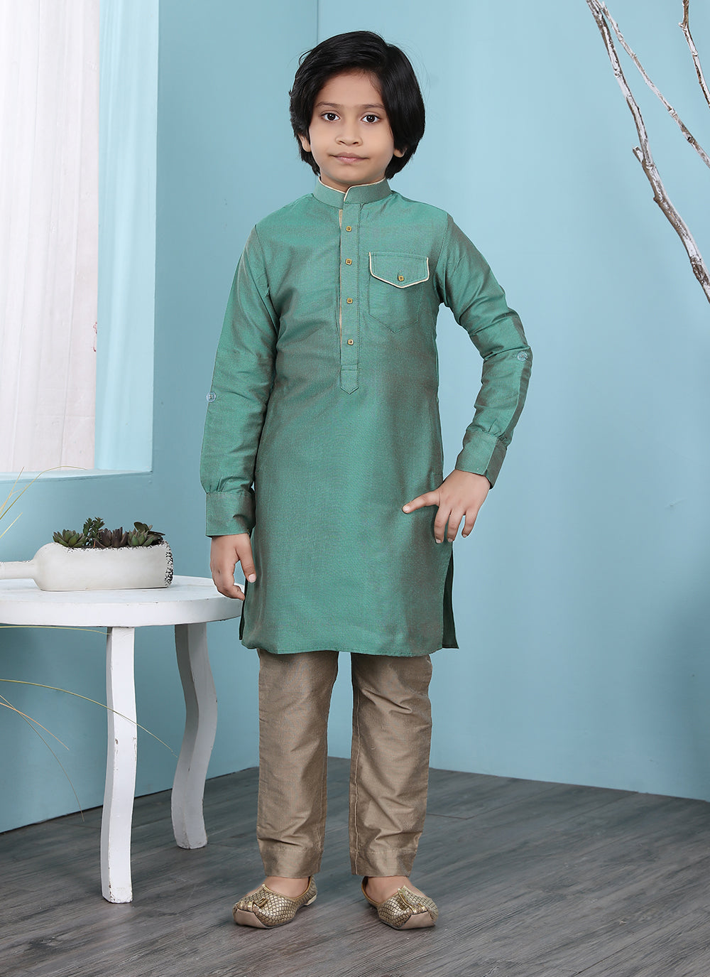 Green Plain Cotton Silk Kurta Pajama For Boys