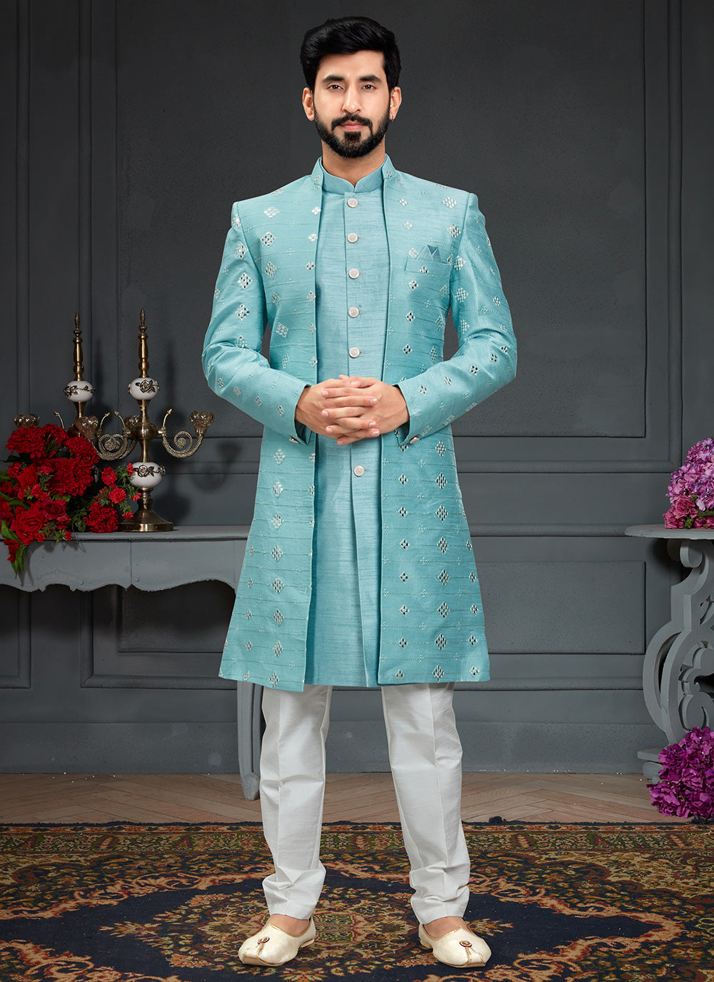 Jacket style Silk Indo Western In Aqua Blue