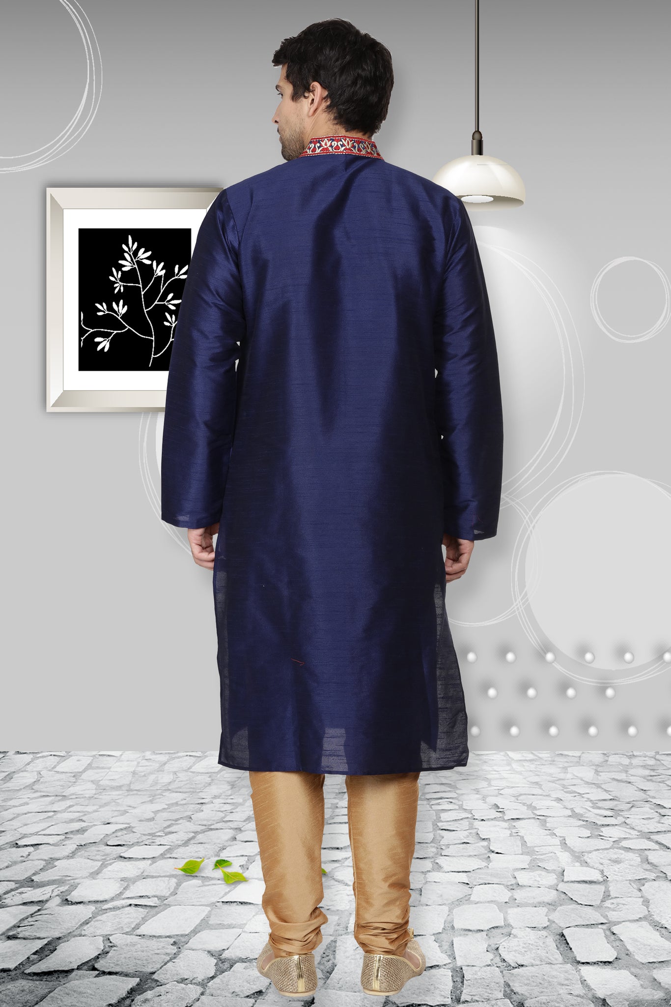 Navy Blue Art Banarasi Silk Kurta Pyjama