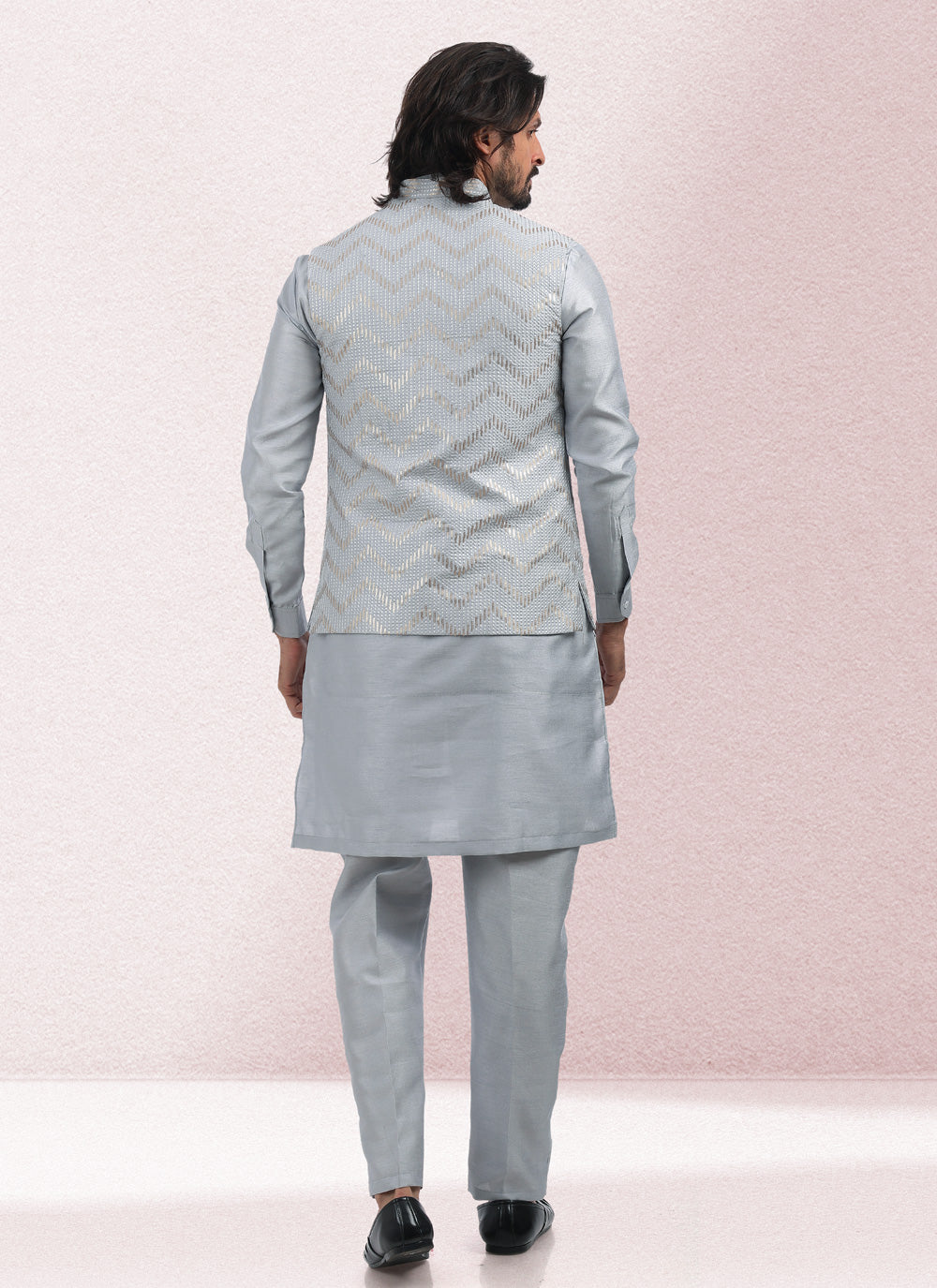 Art Banarasi Silk Grey Kurta Payjama With Jacket