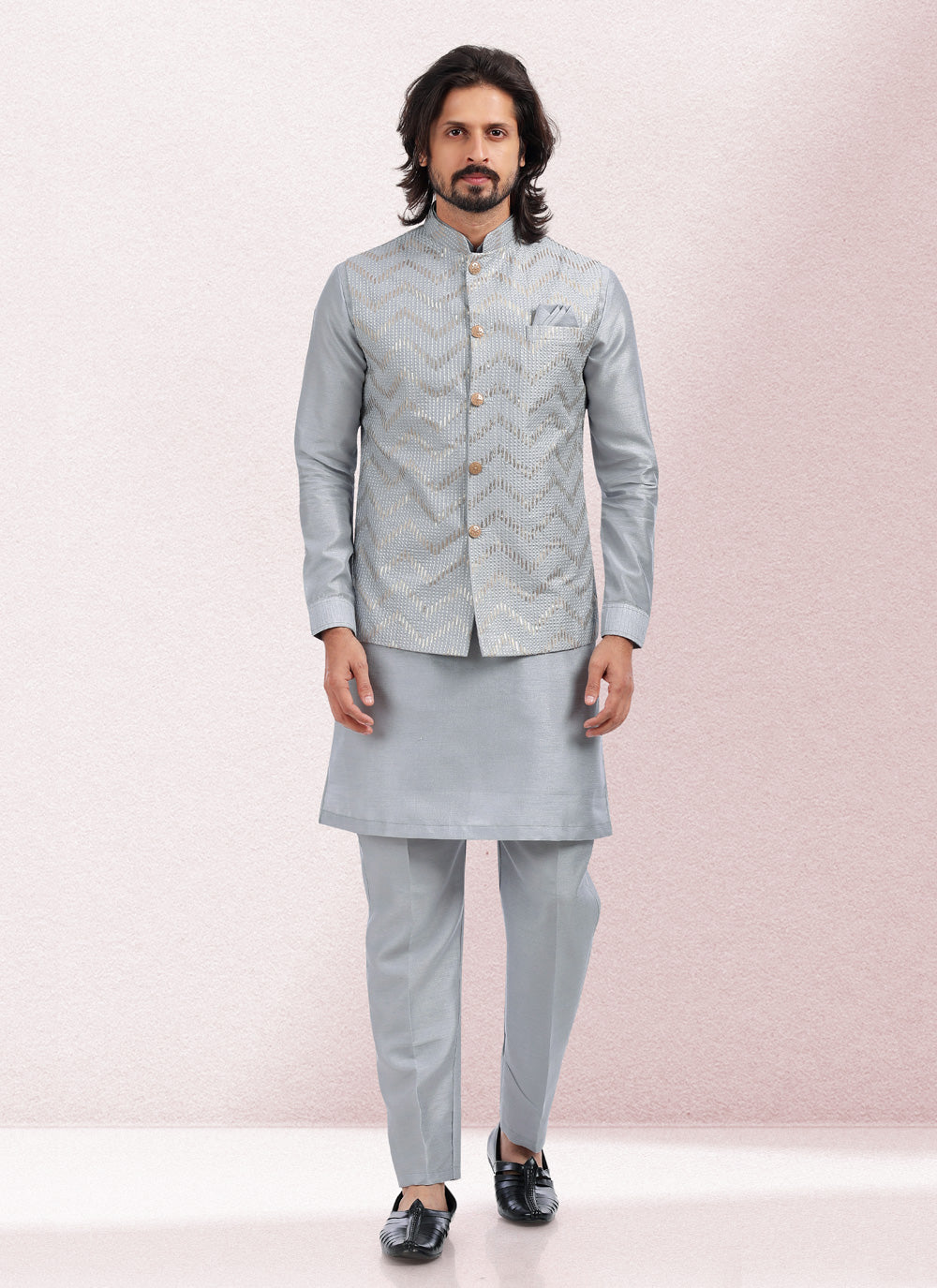 Art Banarasi Silk Grey Kurta Payjama With Jacket