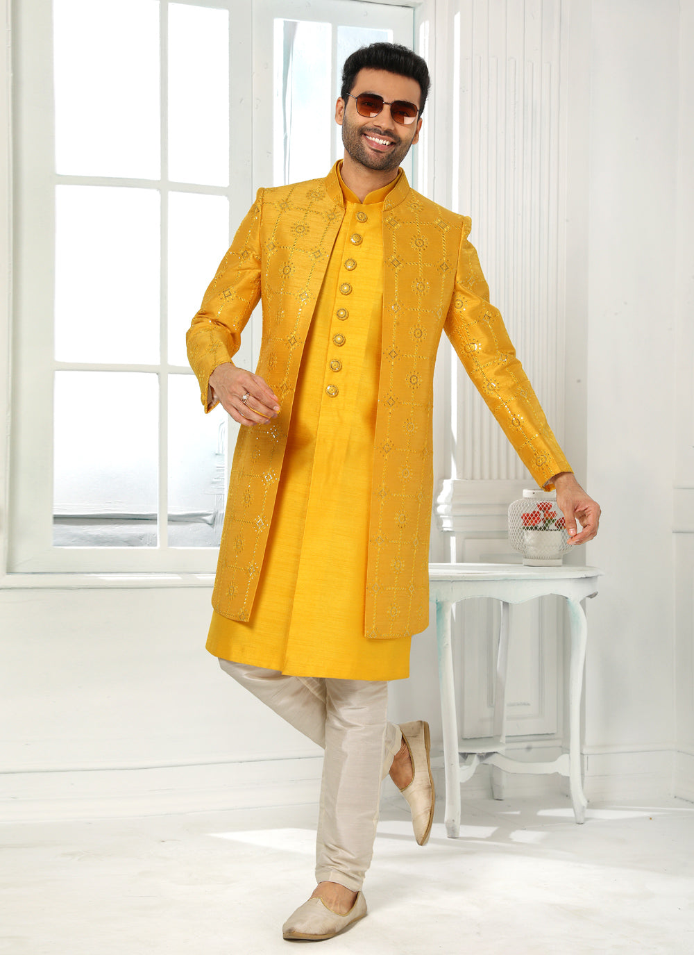 Embroidered Art Silk Indo Western In Yellow