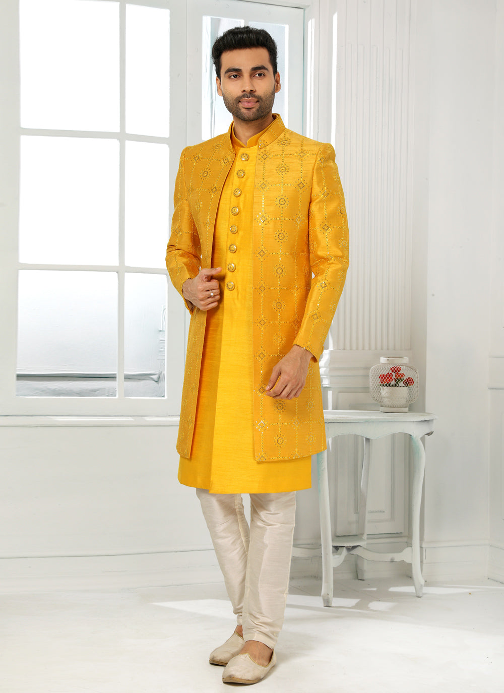 Embroidered Art Silk Indo Western In Yellow
