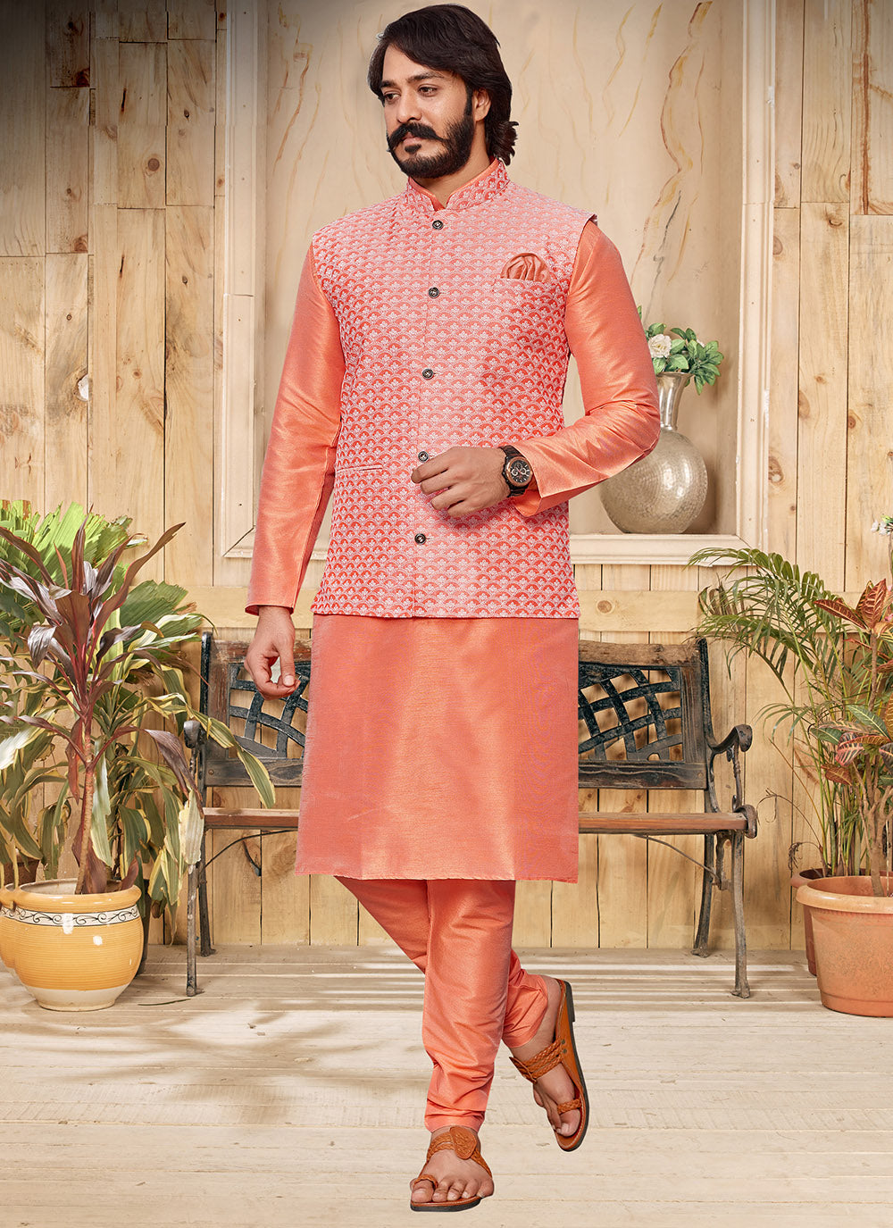 Peach Lucknowi work Kurta Payjama With Jacket