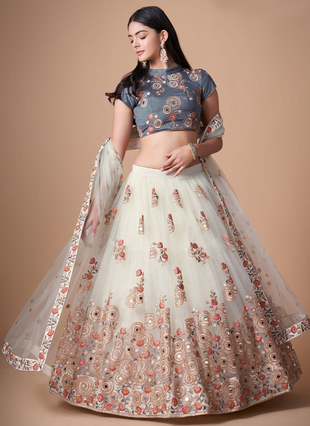 A Line Lehenga Choli Embroidered With Mirror For Sangeet