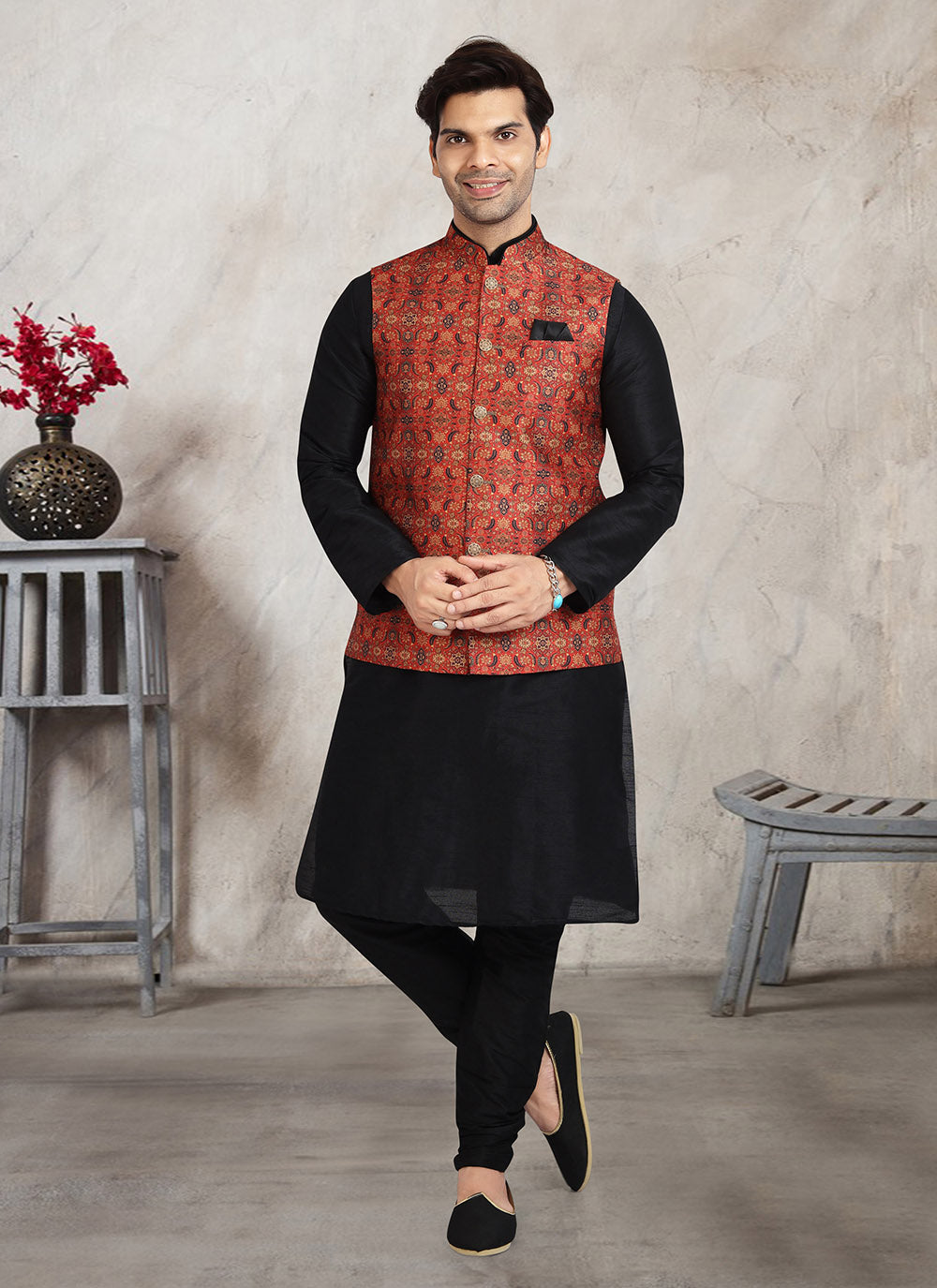 Banarasi Silk Black Kurta Pajama With Printed Red Jacket