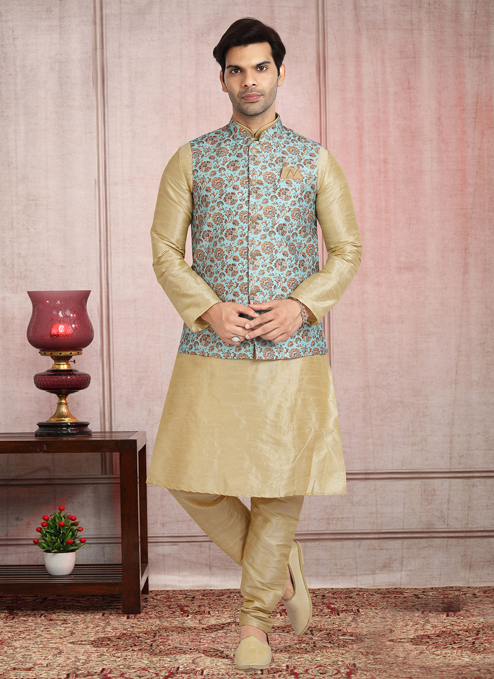 Silk Cream and Turquoise Banarasi Silk Printed Kurta Pajama With Jacket