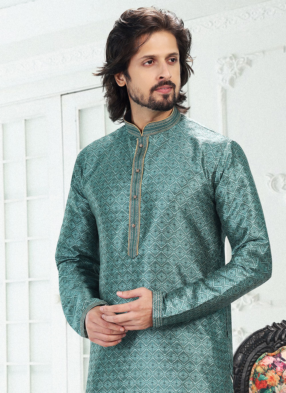 Banarasi Silk Digital Print Green Kurta Pyjama